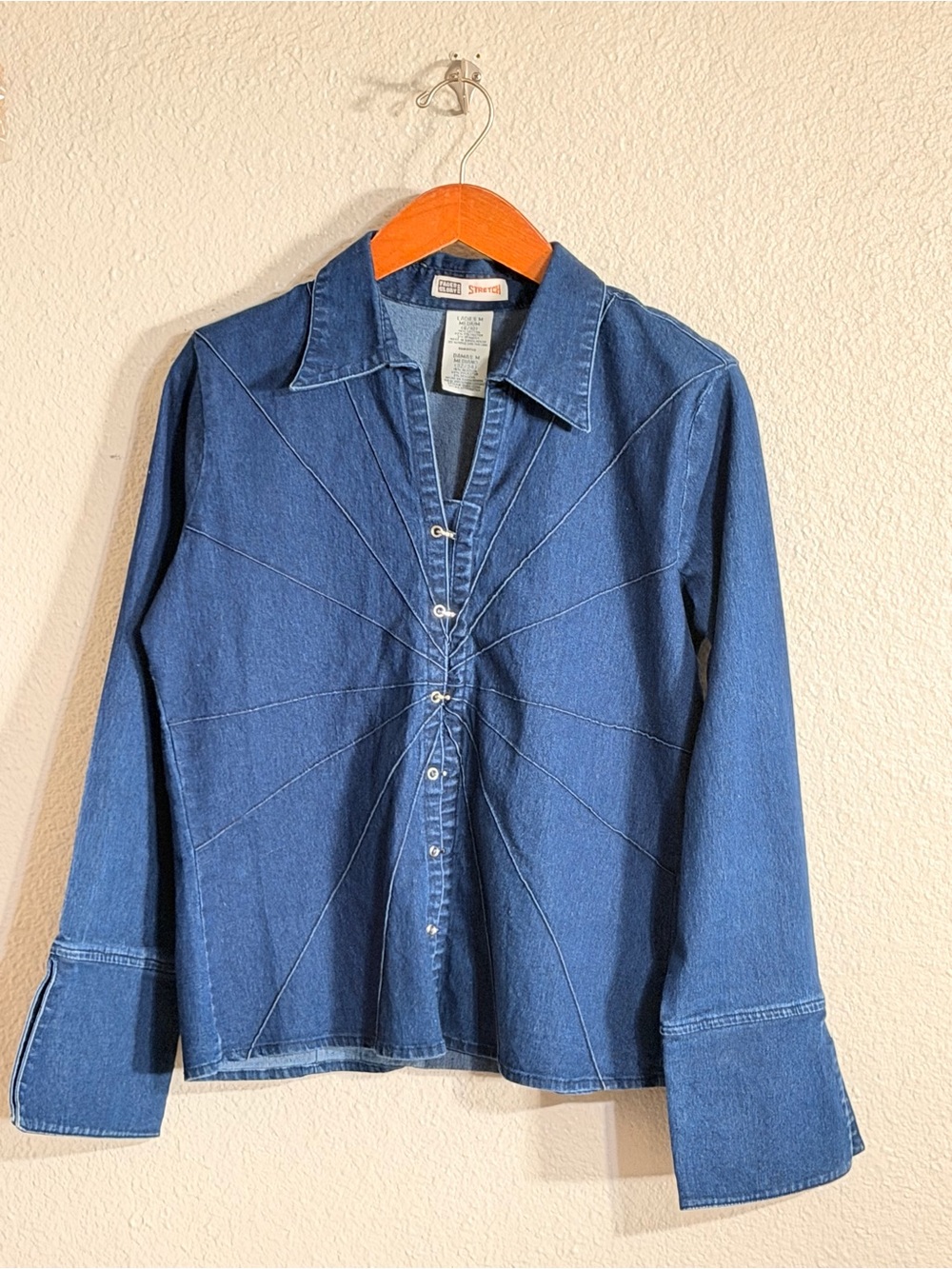 Y2K Denim Starburst Stitch Button-Up Shirt - Blue